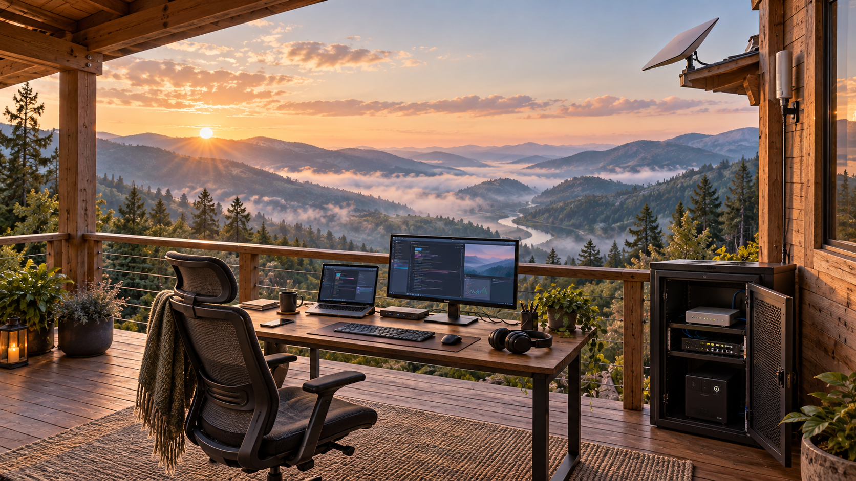 A connected mountain workspace overlooking a sunlit valley, with a satellite dish and equipment rack beside the cabin.